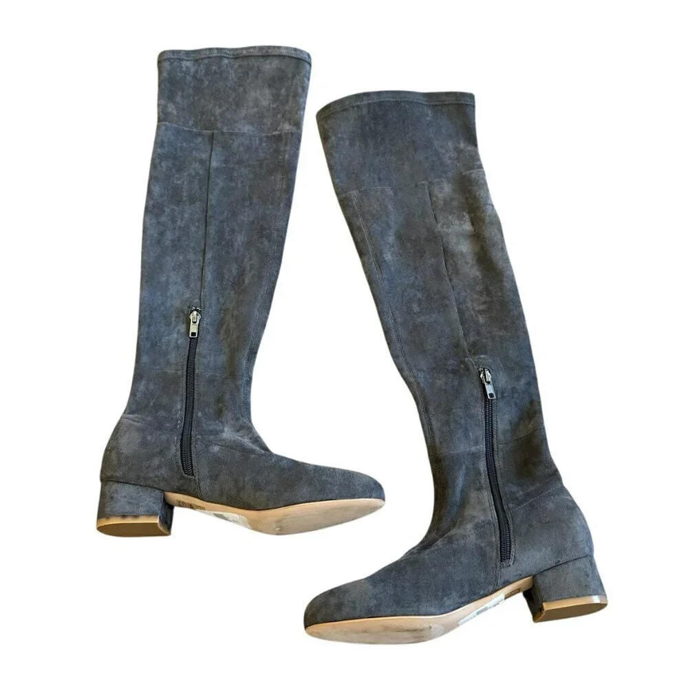 Anthropologie Grey Suede OTK Over The Knee Boots Low Heel Round Toe Size 6 Women